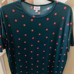 LuLaRoe Irma Top. XXS. Brand new without tags. Blue with red dots.